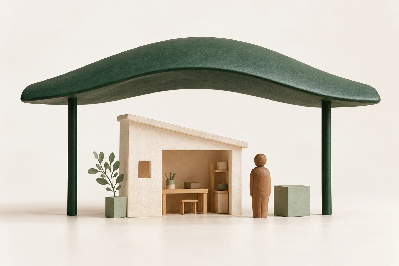 Un abri architectural protège un atelier, son matériel et une silhouette de dirigeant.